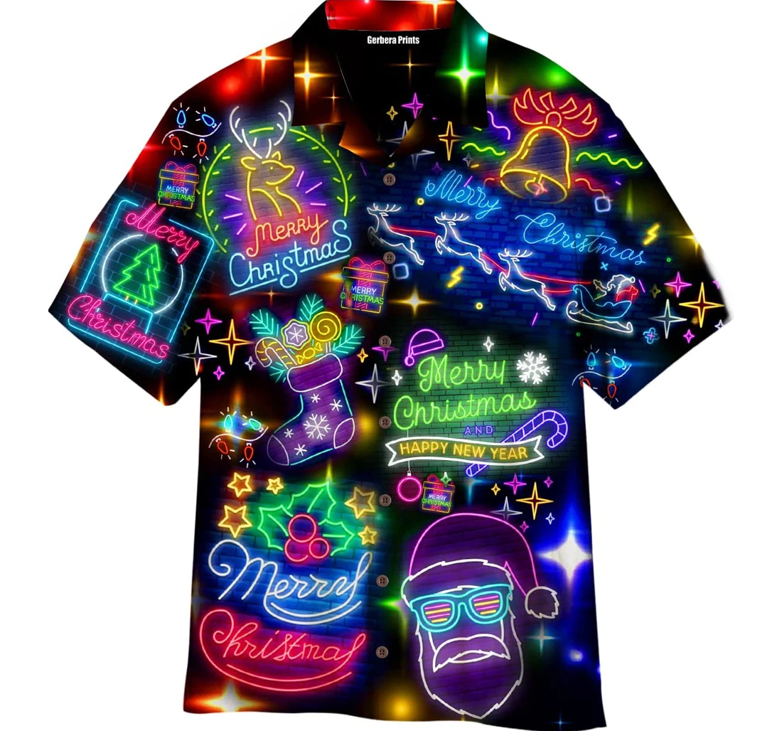 Personalized Neon Merry Christmas And Happy New Year A Hawaiian Shirt, Button Up Aloha Shirt For Men, Women