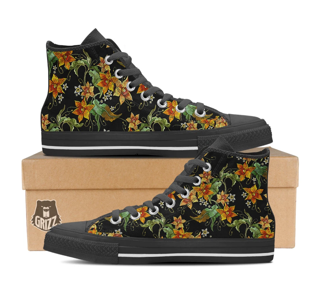 Flower Daffodil Vintage Print Pattern Black High Top Shoes