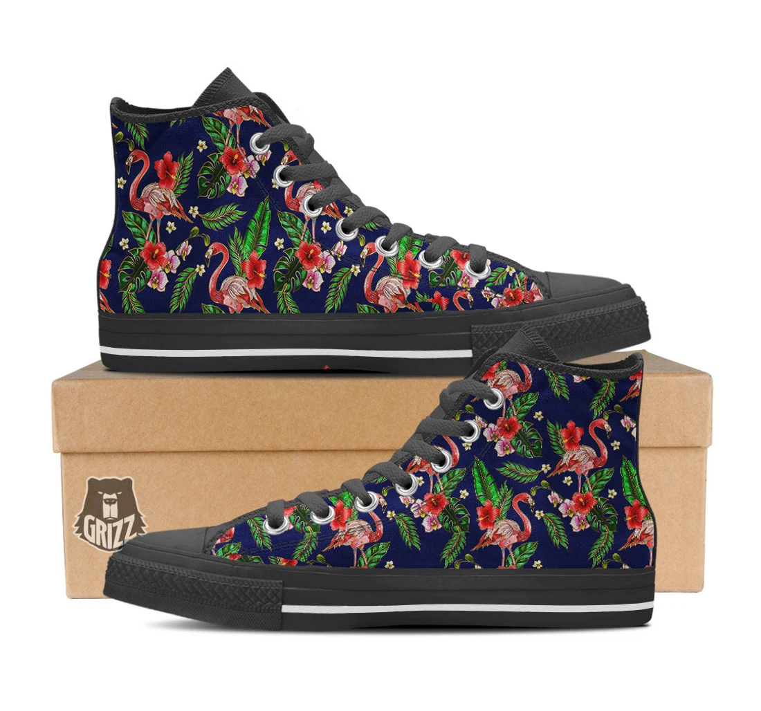 Flamingo Floral Tropical Print Pattern Black High Top Shoes
