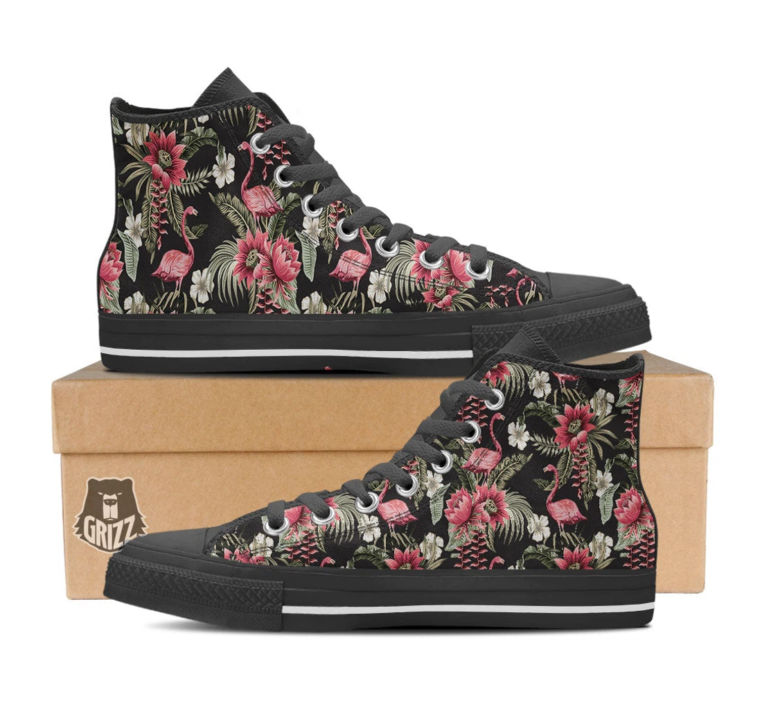 Flamingo Vintage Print Pattern Black High Top Shoes