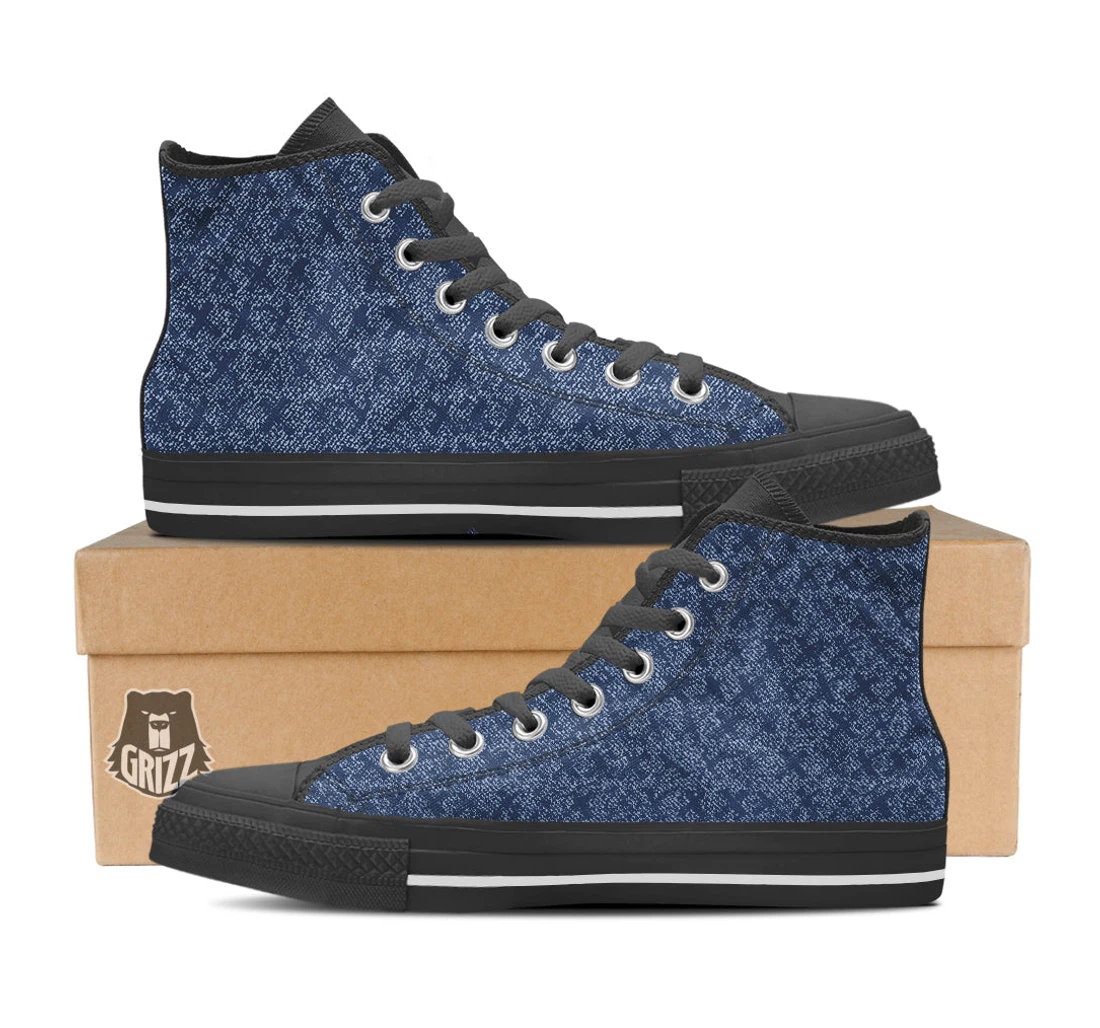 Denim Jeans X Cross Print Pattern Black High Top Shoes