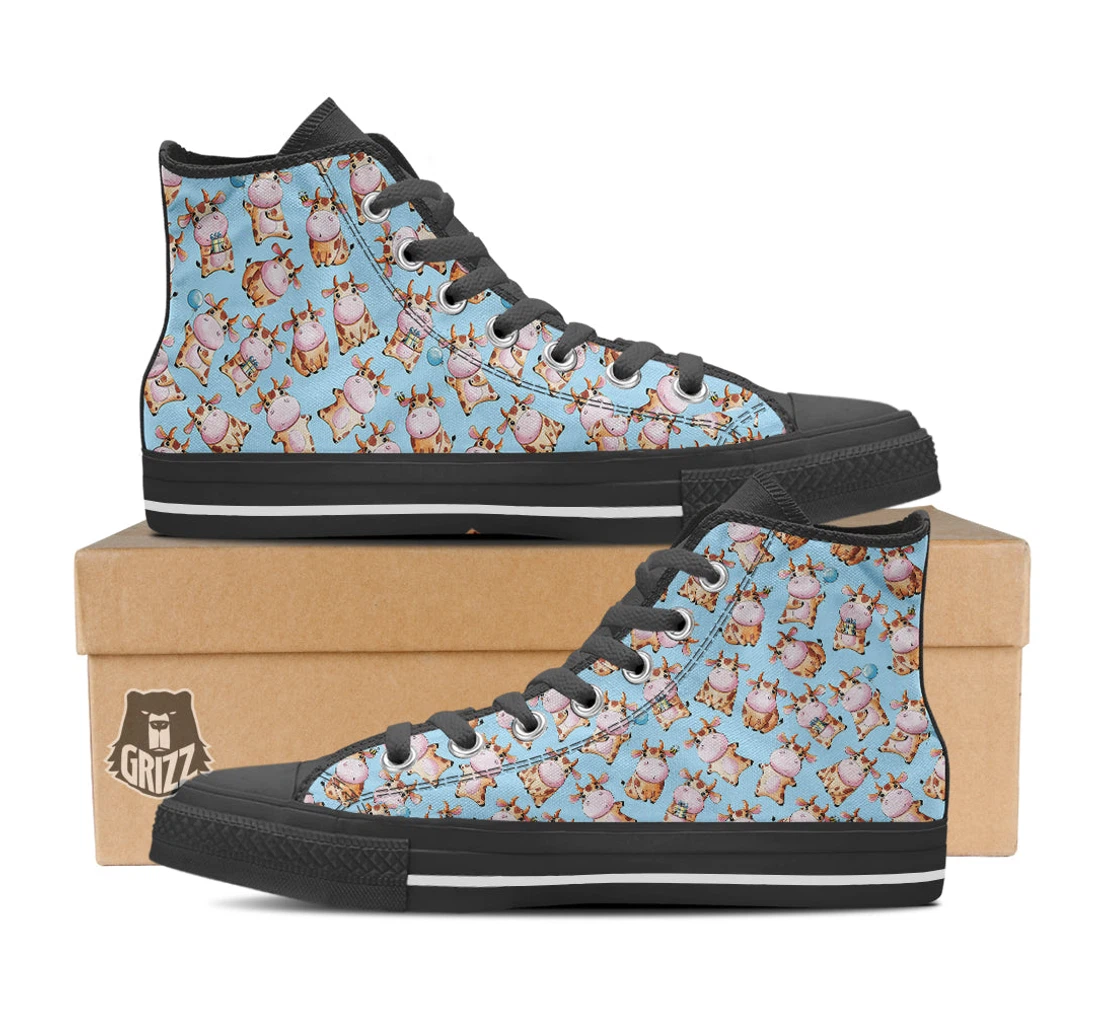 Cow Cartoon Watercolor Print Pattern Black High Top Shoes