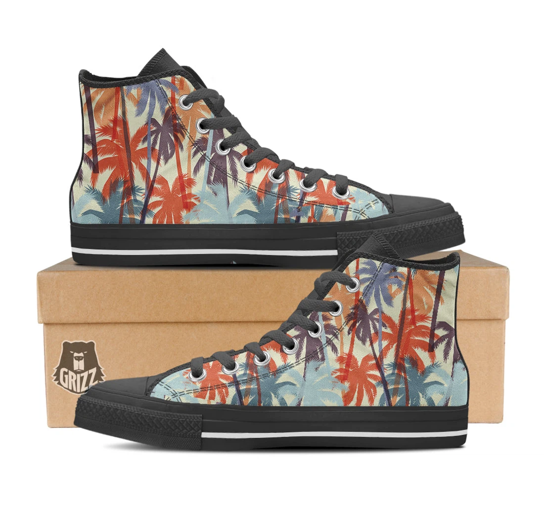 Colorful Palm Trees Print Pattern Black High Top Shoes