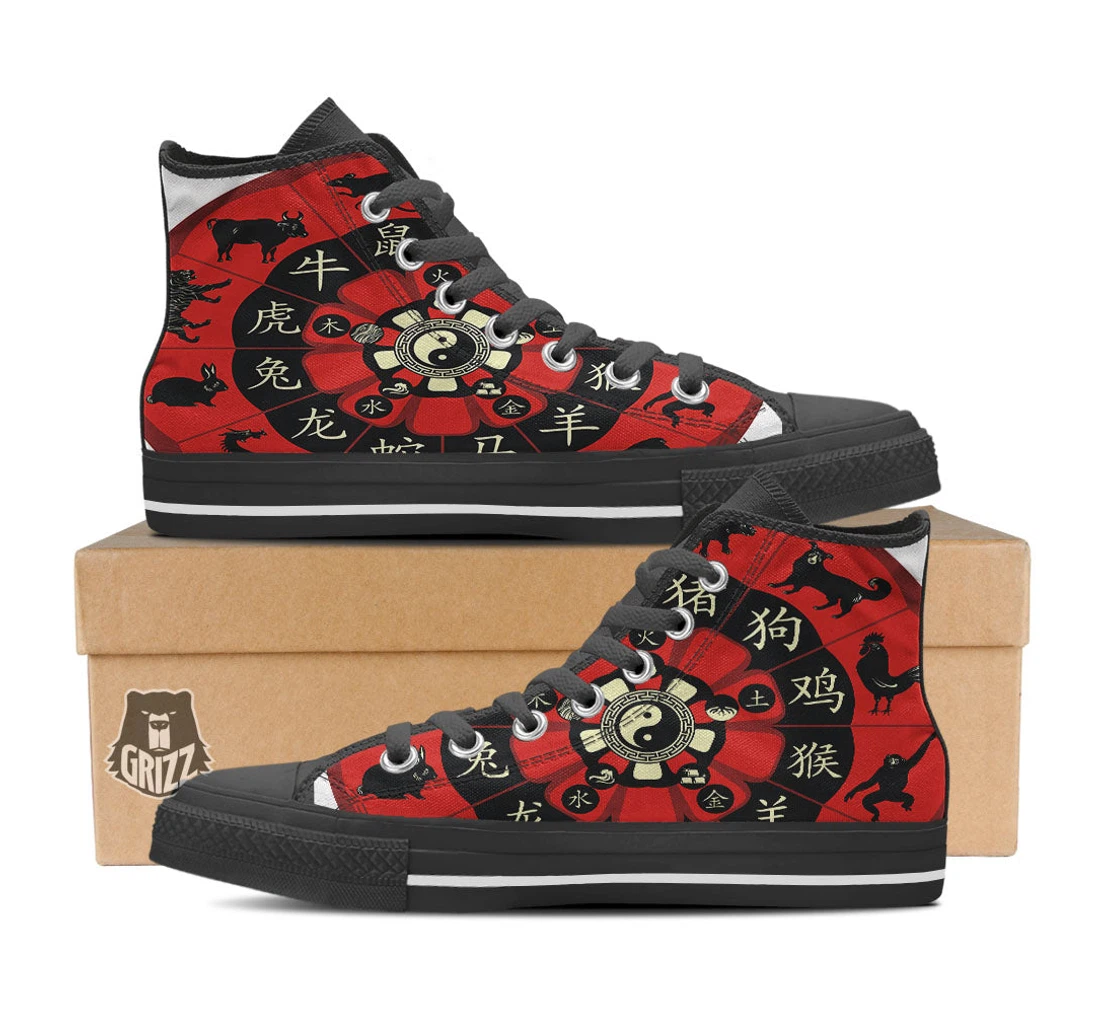 Chinese Zodiac Wheel Yin Yang Print Black High Top Shoes