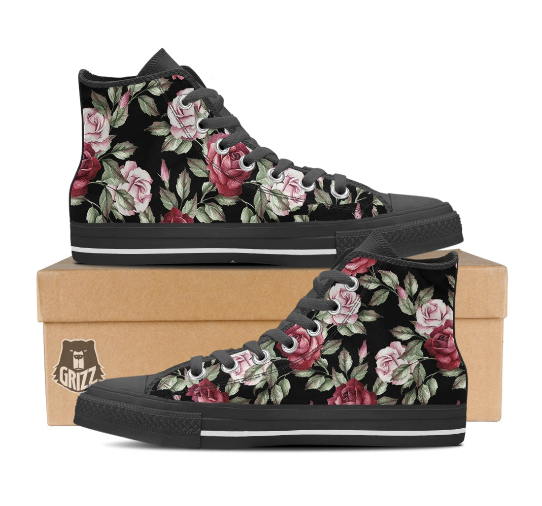 Rose Valentine's Day Print Pattern Black High Top Shoes