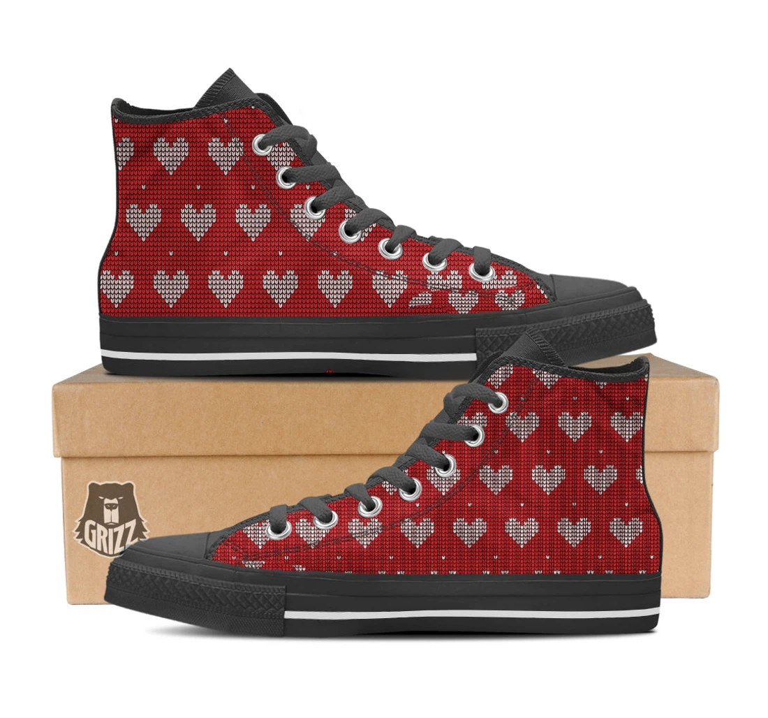 Knitted Valentine's Day Print Pattern Black High Top Shoes