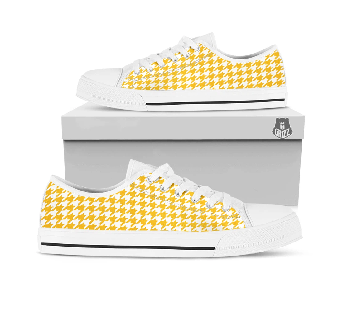 Yellow Houndstooth Print White Low Top Shoes