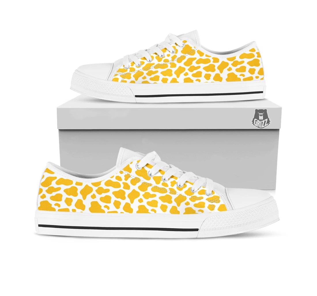 Yellow Cow Print Pattern White Low Top Shoes