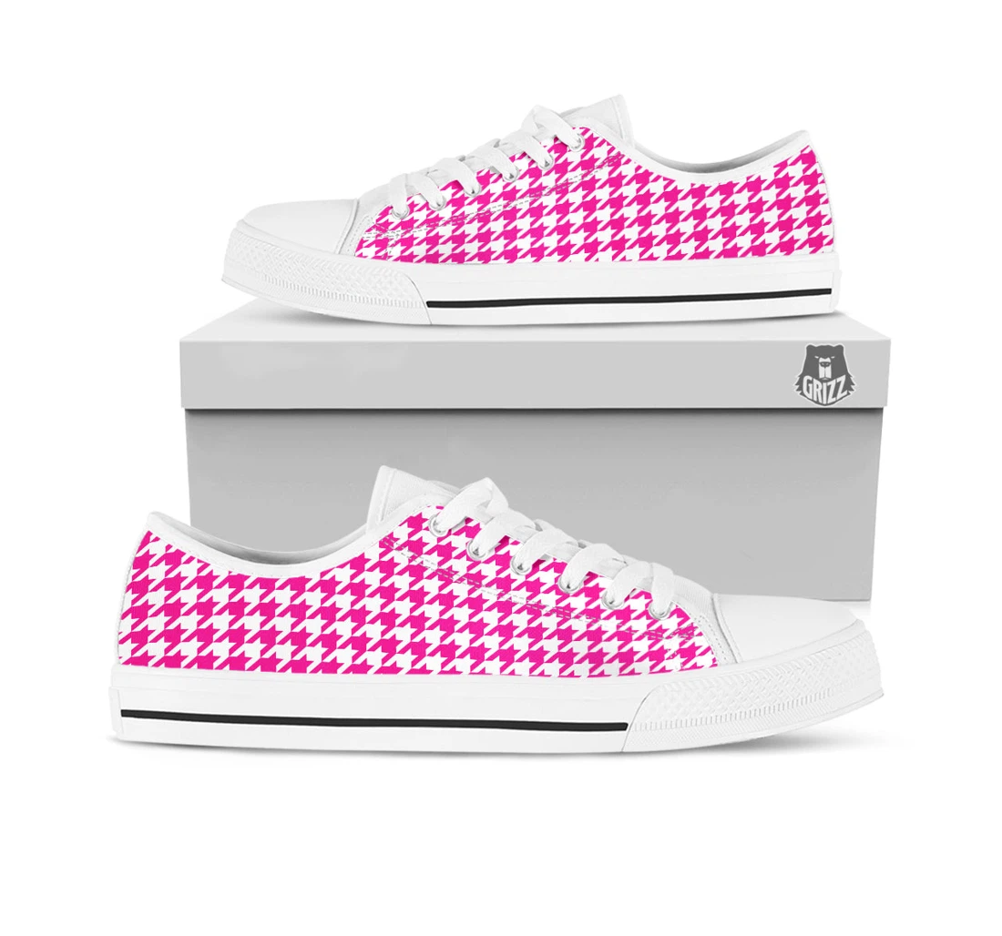 Pink Houndstooth Print White Low Top Shoes