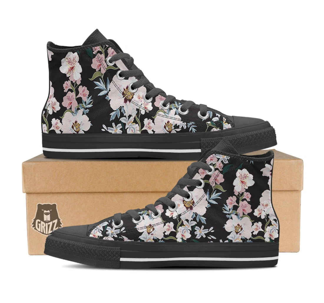 Alstroemeria Pink And White Print Pattern Black High Top Shoes