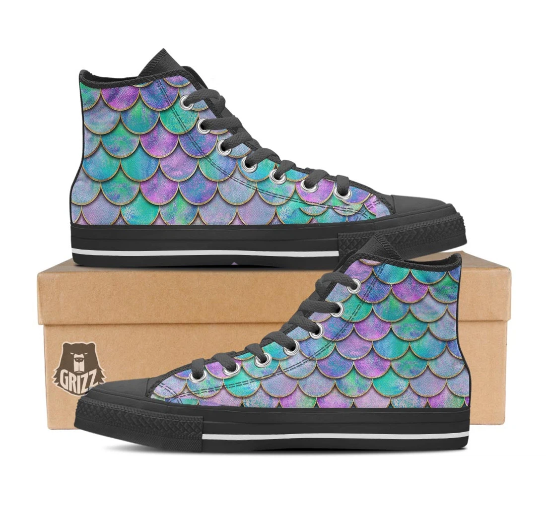 Mermaid Scales Teal Purple Print Pattern Black High Top Shoes