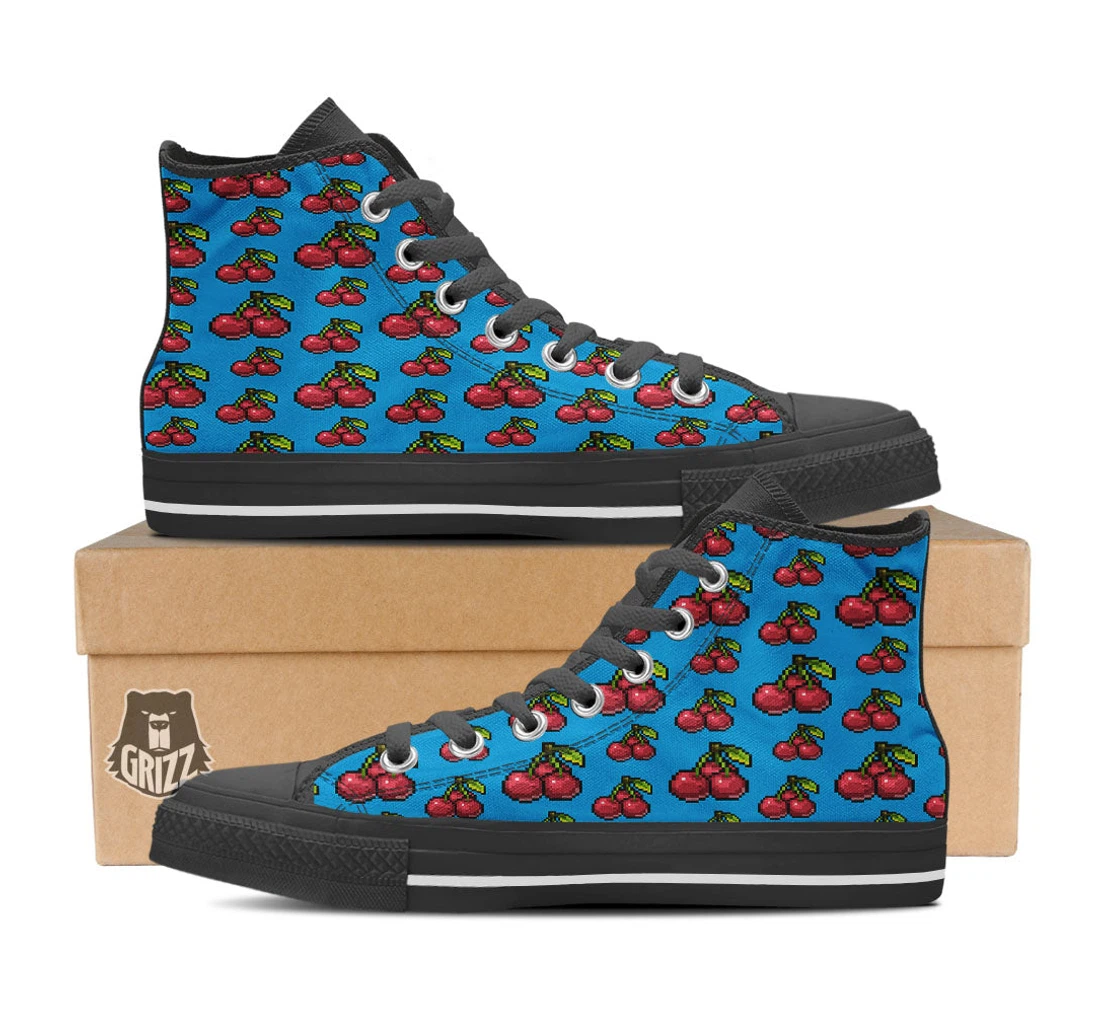Cherry Pixel Print Pattern Black High Top Shoes
