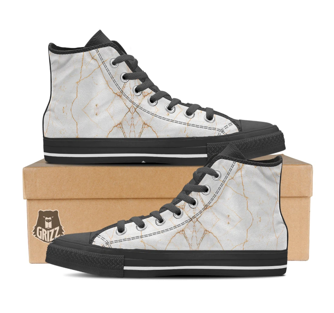 Scratch Marble White Gold Print Pattern Black High Top Shoes