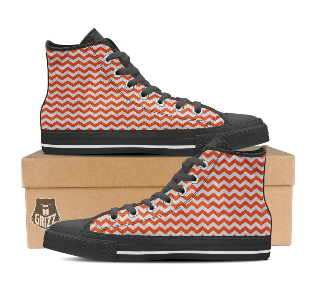 Chevron White And Orange Print Pattern Black High Top Shoes