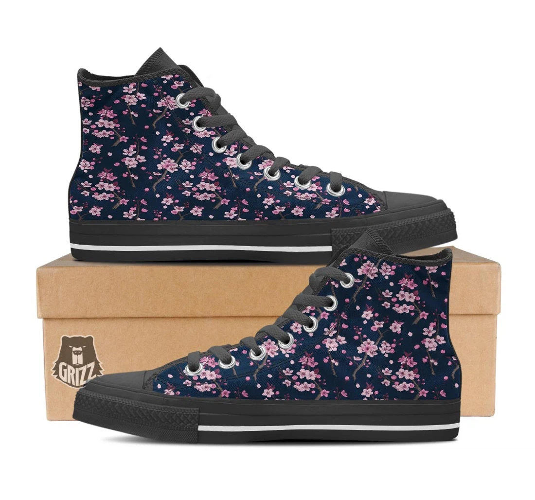 Cherry Blossom Sakura Print Pattern Black High Top Shoes
