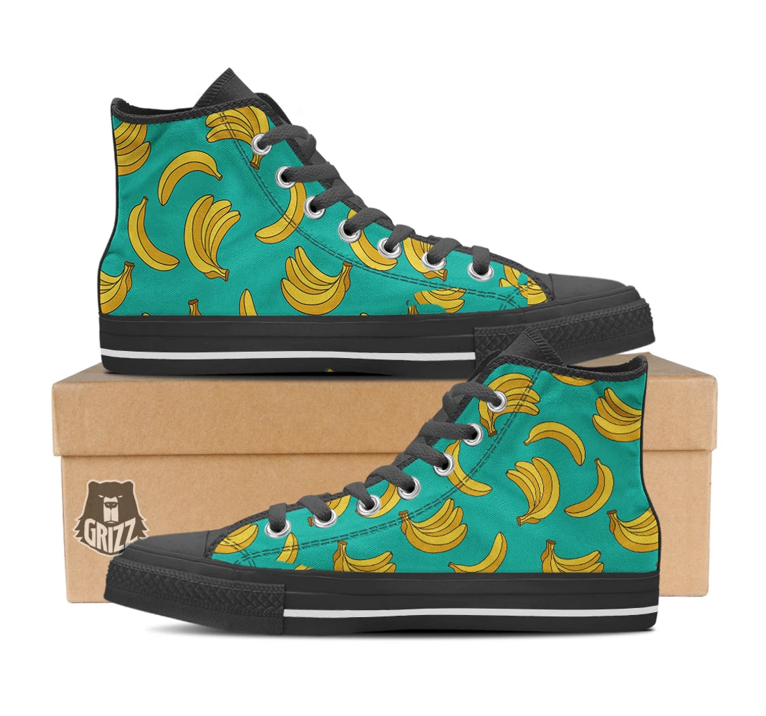 Yellow Banana Print Pattern Black High Top Shoes