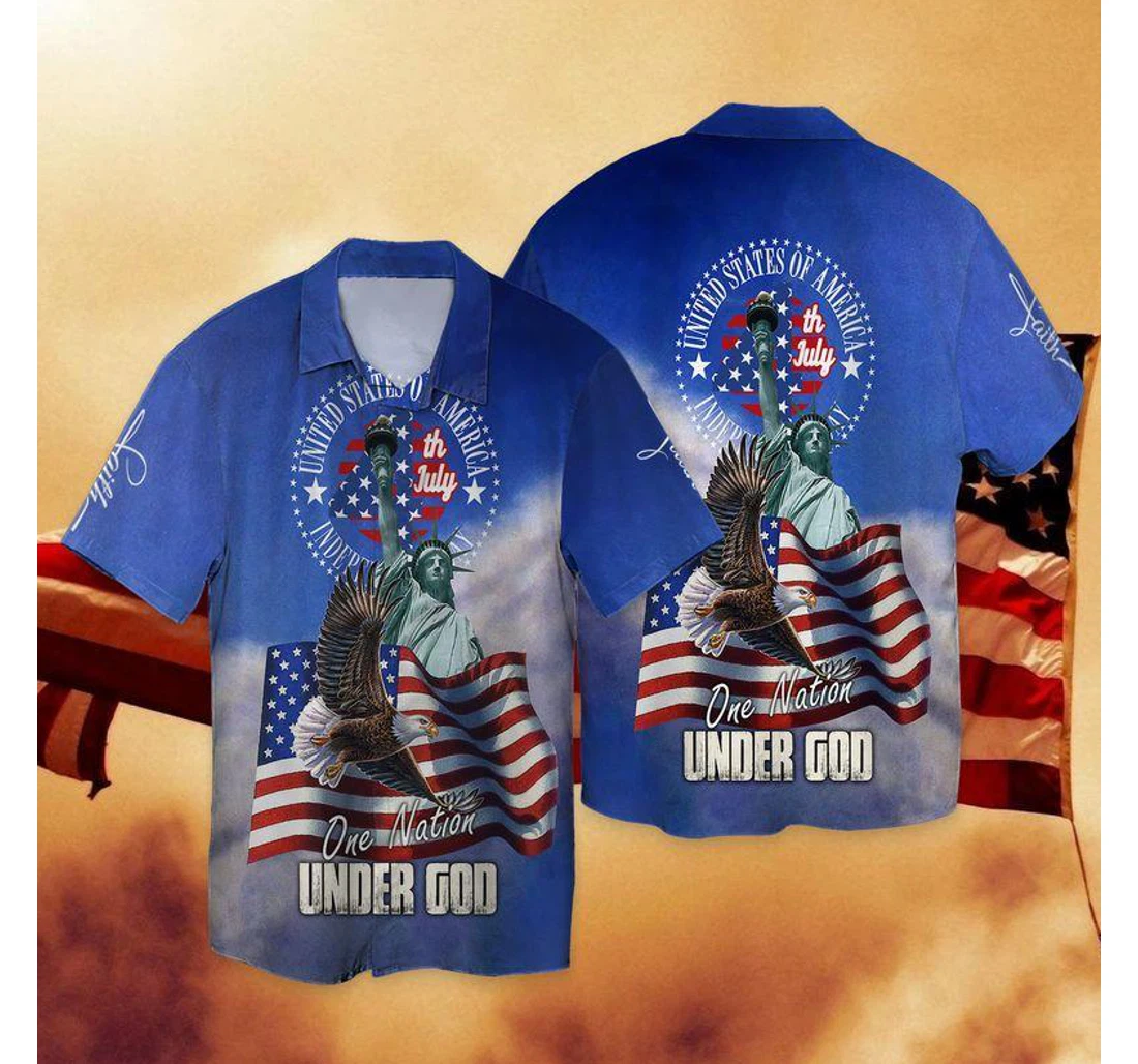 Personalized Independence Day One Nation Under God Hawaiian Shirt, Button Up Aloha Shirt For Men, Women