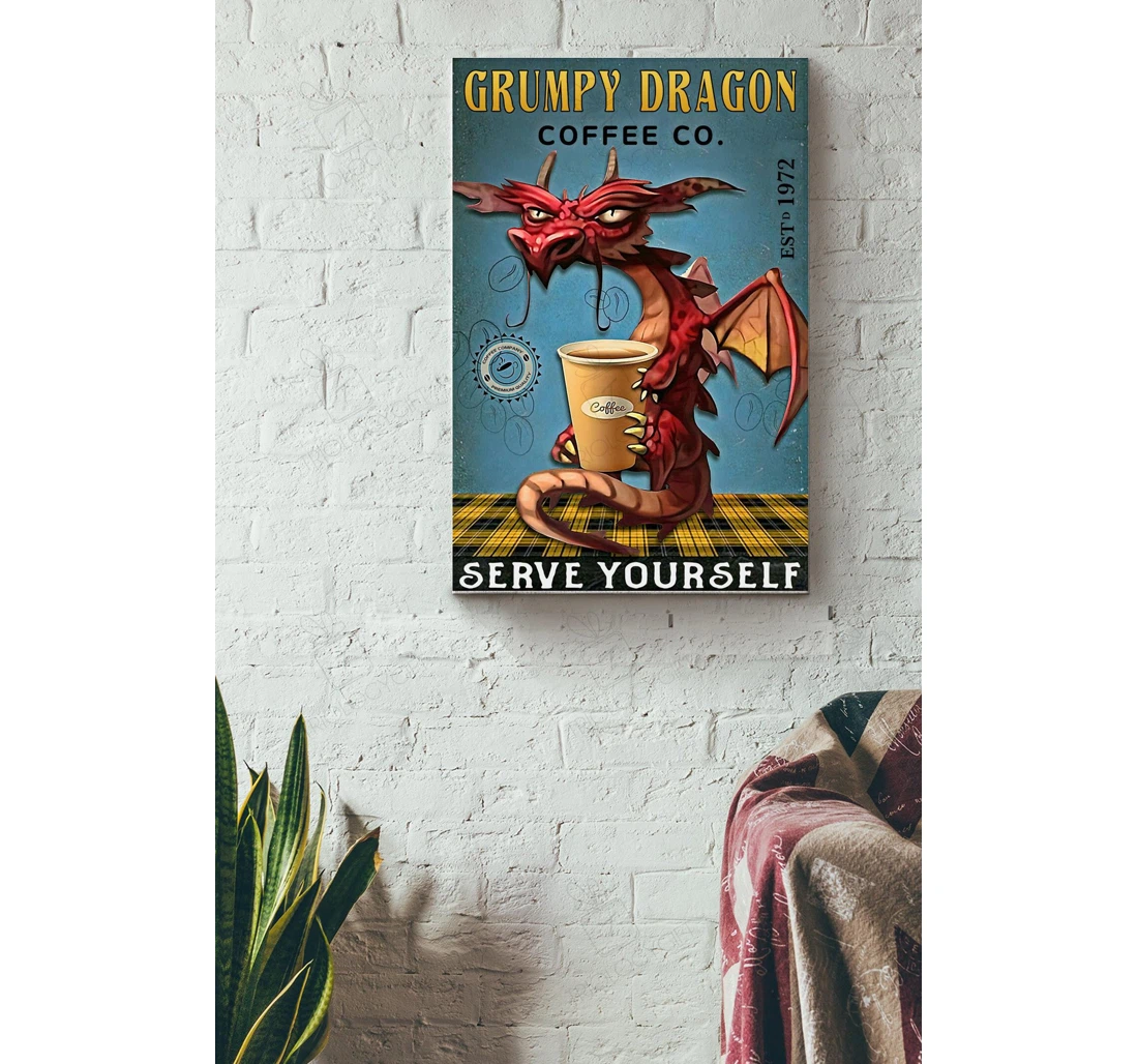 Poster, Canvas - Grumpy Dragon And Cofee Co Serve Yourself Dragon Lover Fairy Tales Lover Coffee Shop Cafe Gallery Idea S Print Framed Wall Art