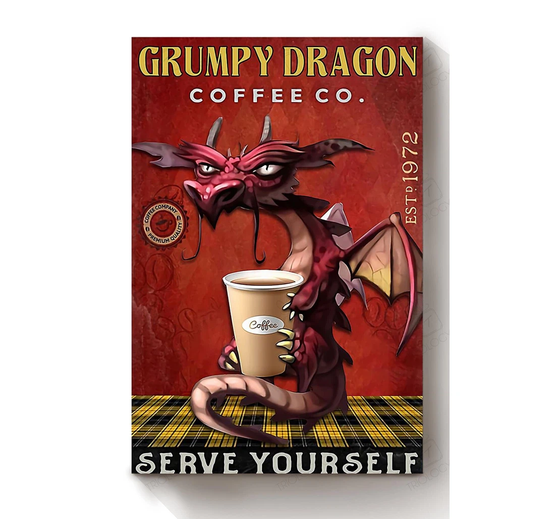 Poster, Canvas - Grumpy Dragon Coffee Co Serve Yourself Funny Coffee Shop Dragon Lover Print Framed Wall Art