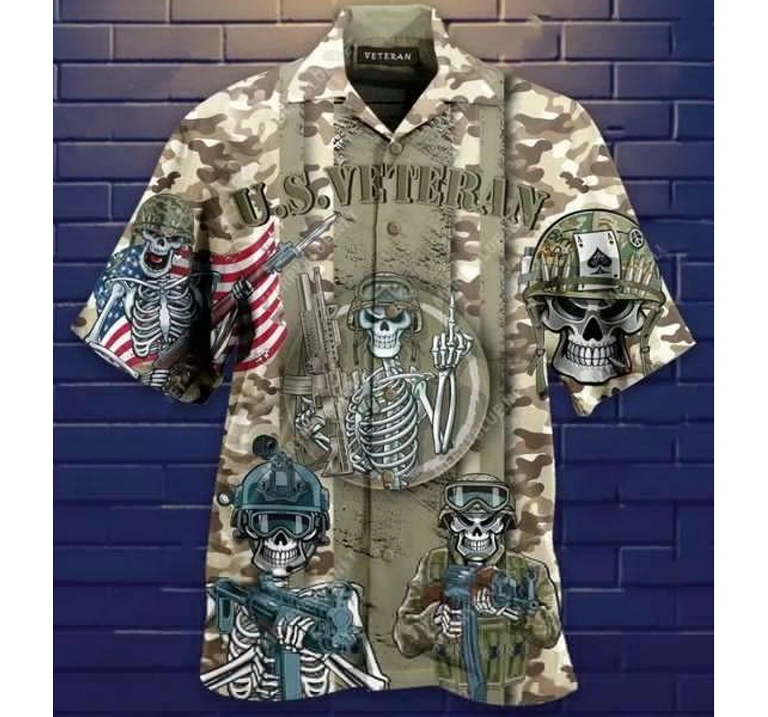 Personalized Veterans Skull Hawaiian Shirt, Button Up Aloha Shirt For Men, Women