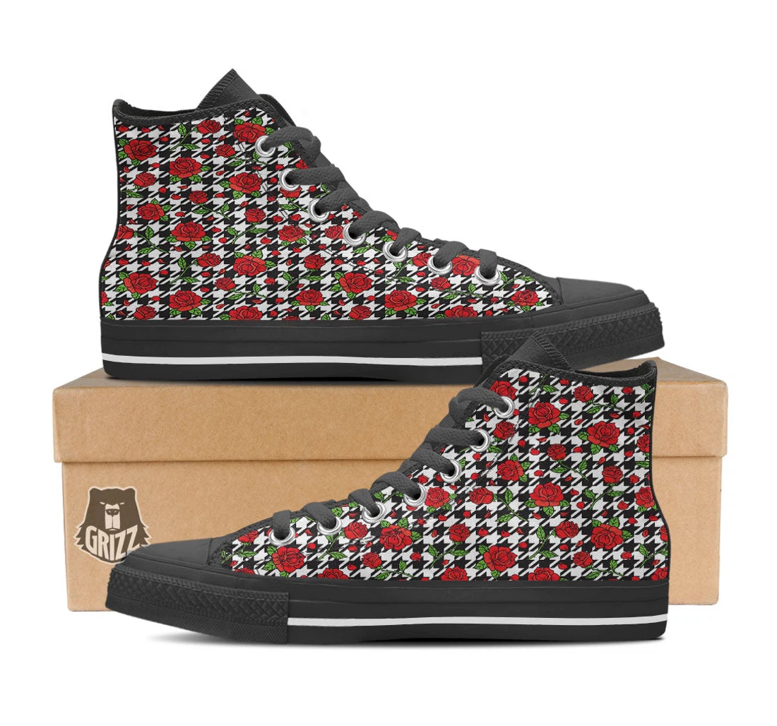 Houndstooth Red Roses Print Pattern Black High Top Shoes