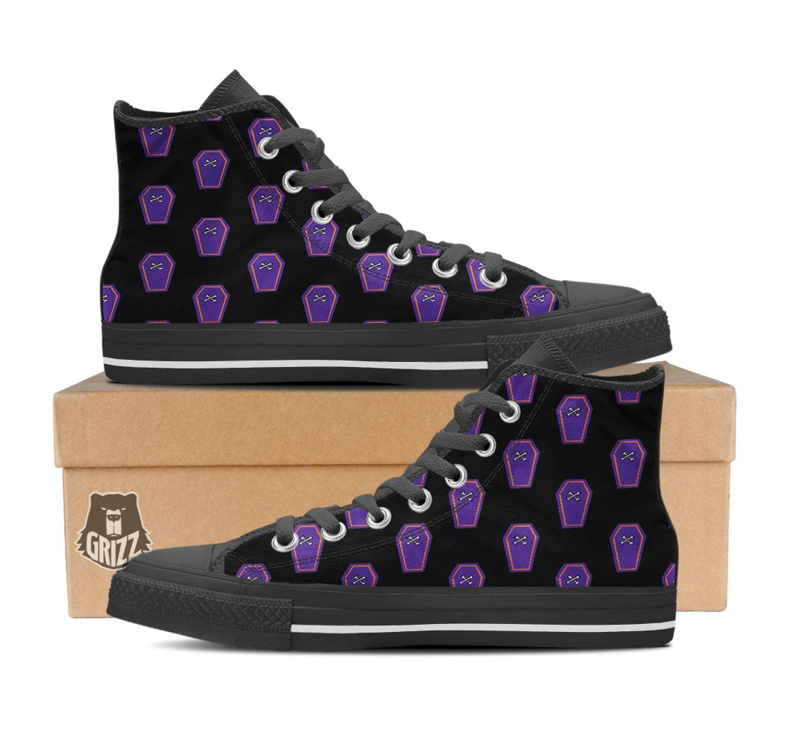 Halloween Coffin Purple Print Pattern Black High Top Shoes