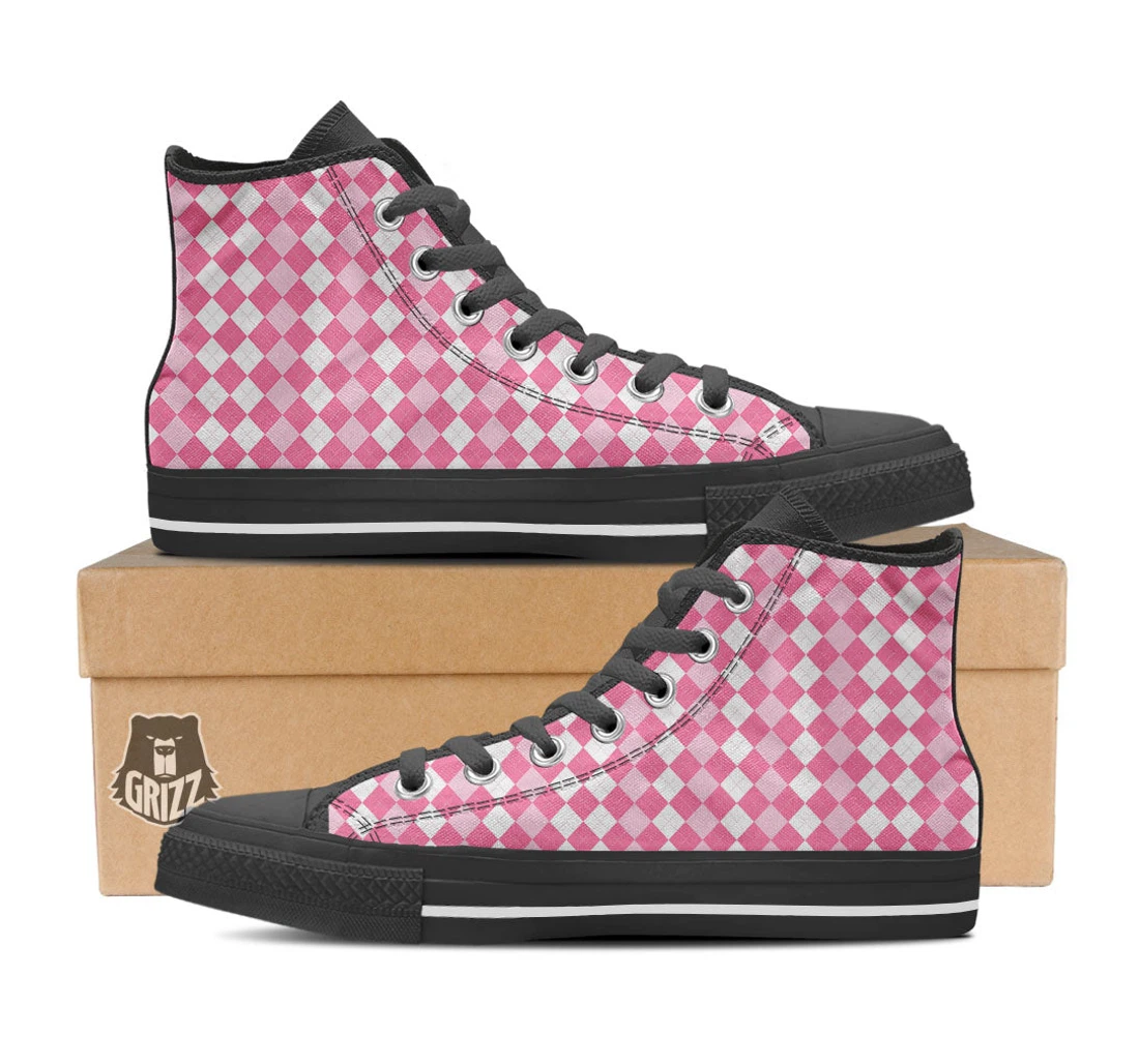 Argyle White And Pink Print Pattern High Top Shoes