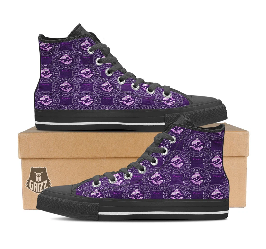 Zodiac Pisces Purple Print Pattern Black High Top Shoes