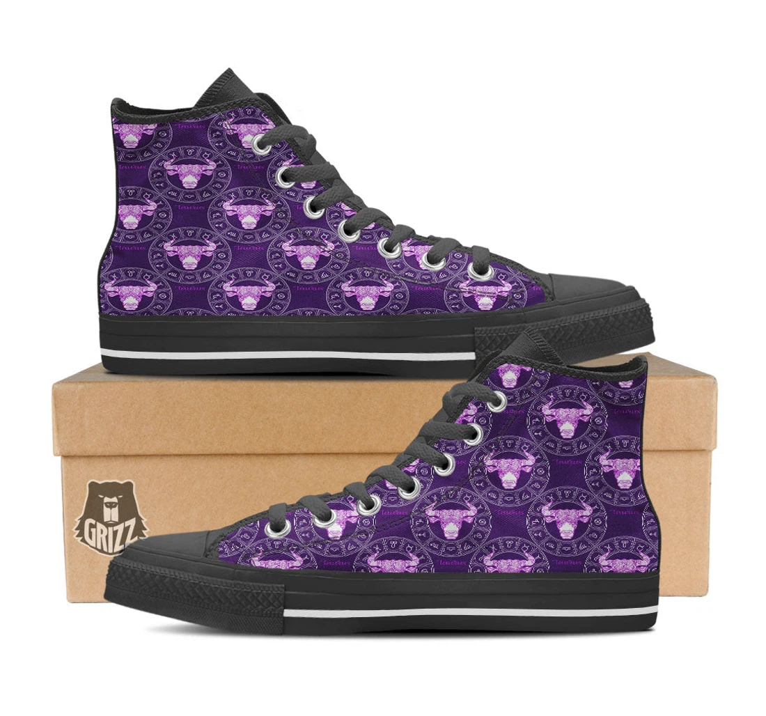Zodiac Taurus Purple Print Pattern Black High Top Shoes