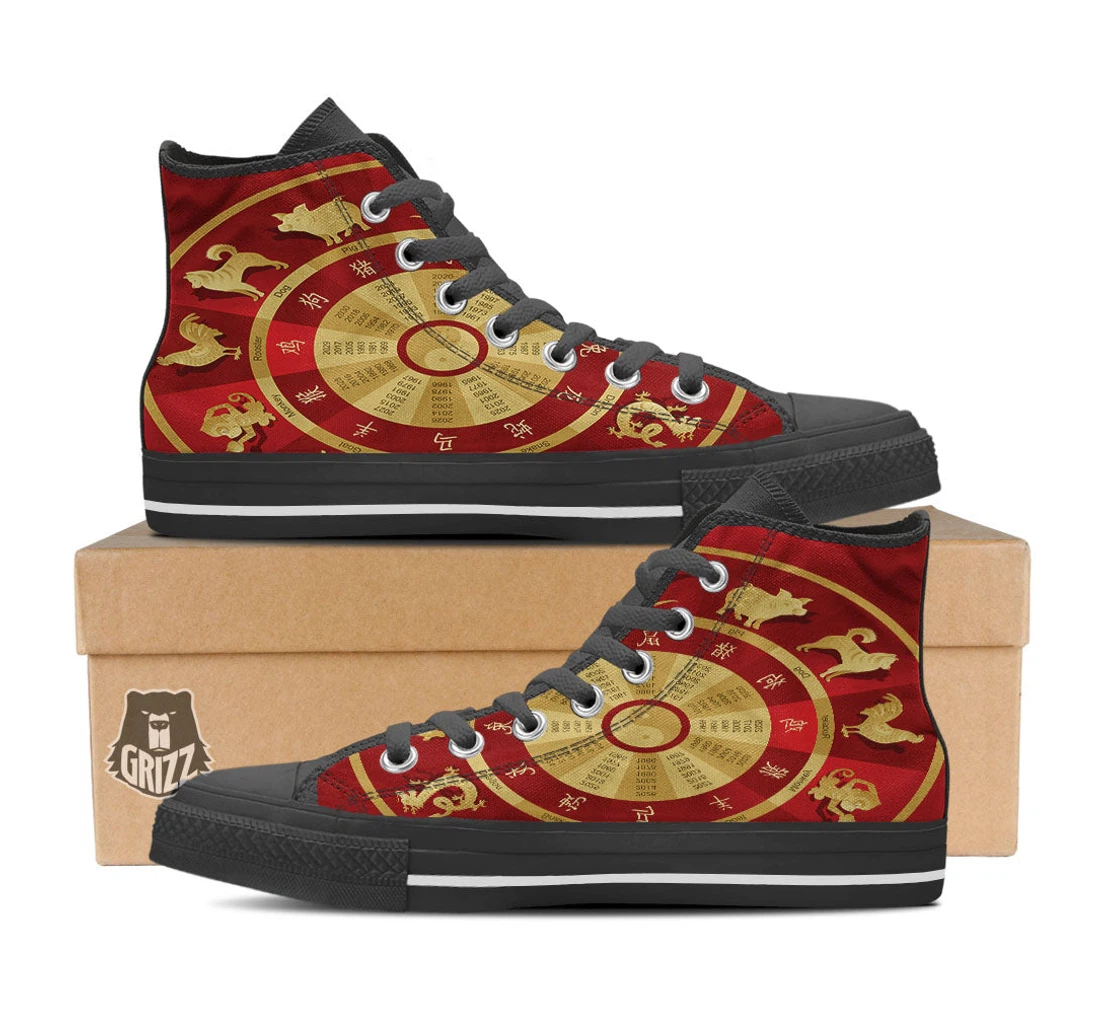 Zodiac Wheel Red Chinese Print Black High Top Shoes