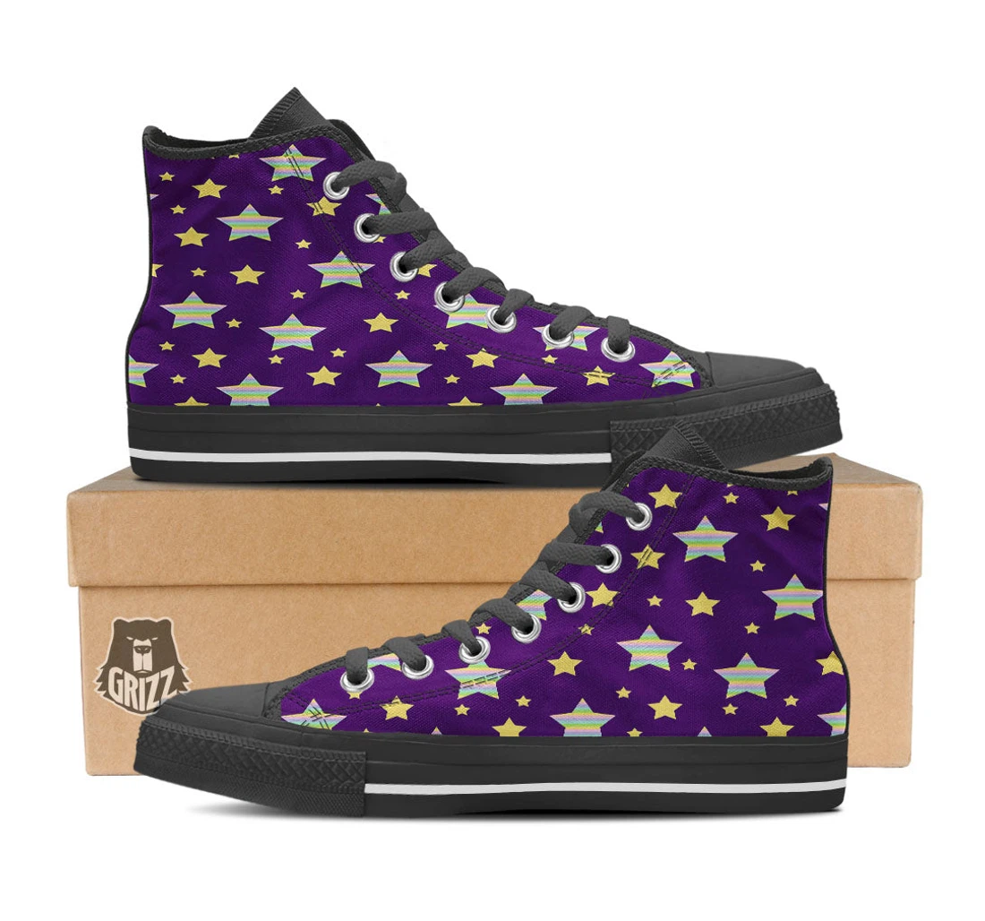 Yellow Stars Purple Print Pattern Black High Top Shoes