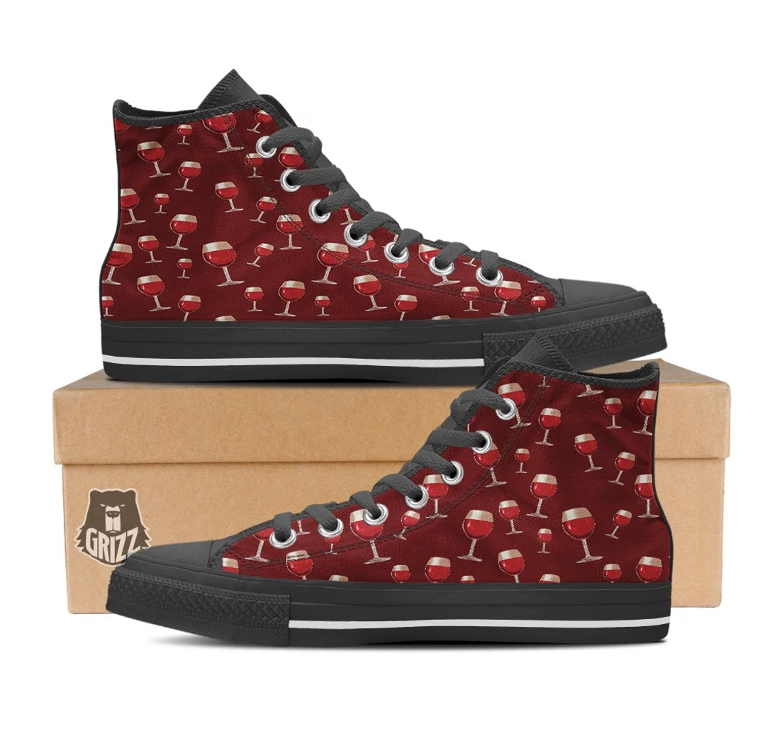 Wine Red Print Pattern Black High Top Shoes