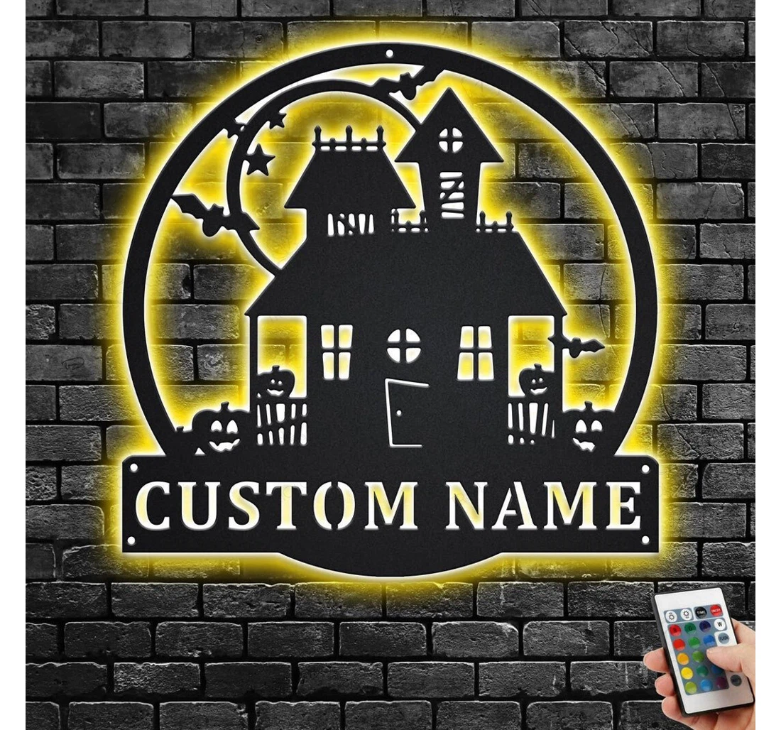 Personalized Metal Sign - Custom Haunted House With Or Without Led Lighting Light Personalized Halloween House Name Room Halloween Led MonoGram