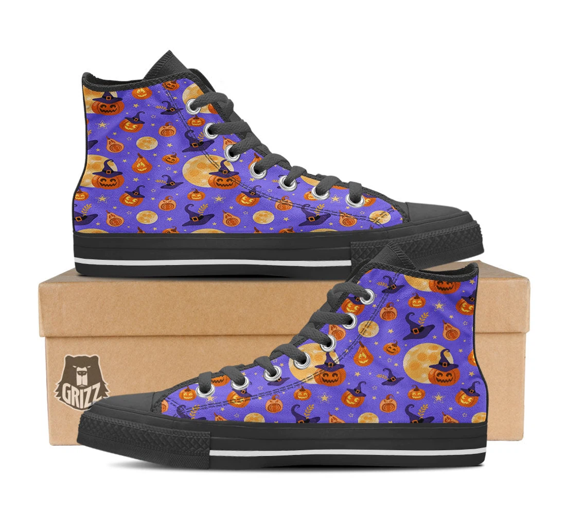 Pumpkin Halloween Purple Print Pattern Black High Top Shoes