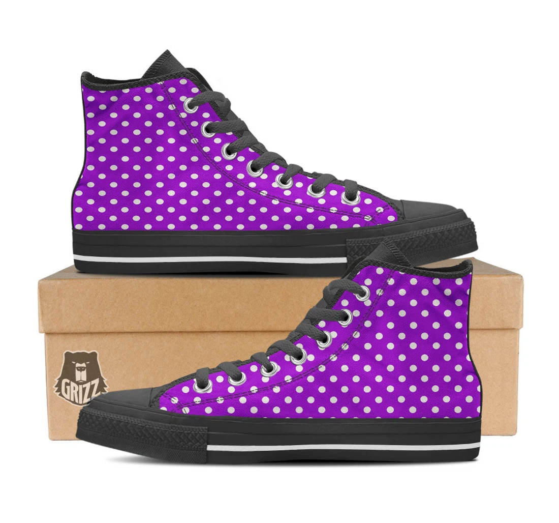 Polka Dot White And Purple Print Pattern Black High Top Shoes