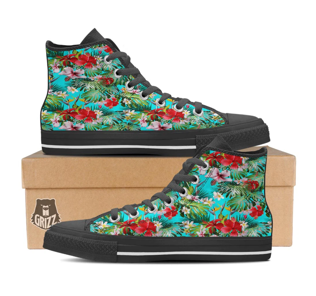 Plumeria Red Hibiscus Print Pattern Black High Top Shoes