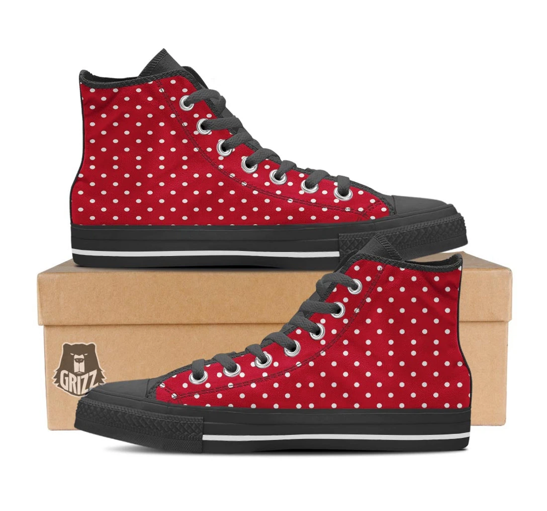 Polka Dot White And Red Print Pattern Black High Top Shoes