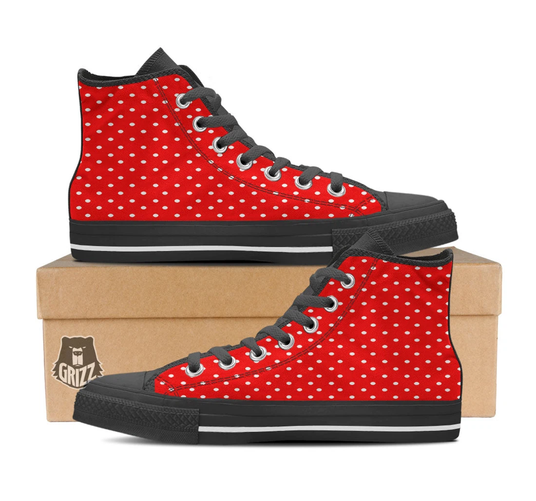 Polka Dot White And Red Print Black High Top Shoes