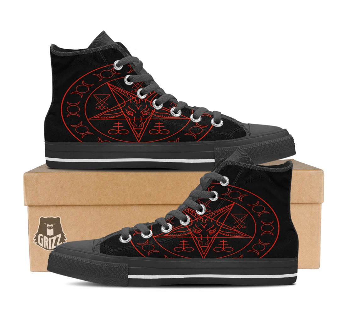 Pentagram Symbol Red Satanic Print Black High Top Shoes