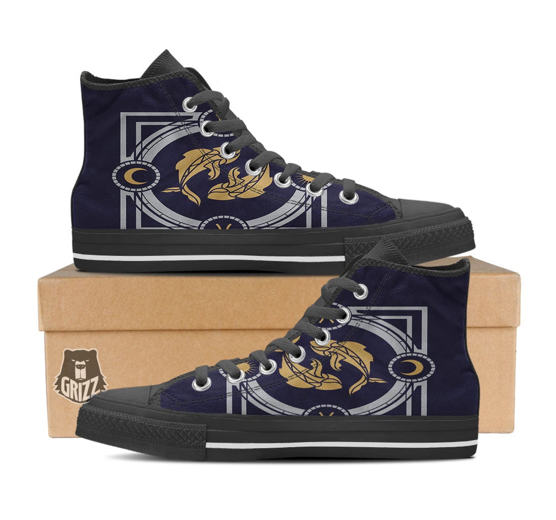Pisces Sign Horoscope Print Black High Top Shoes
