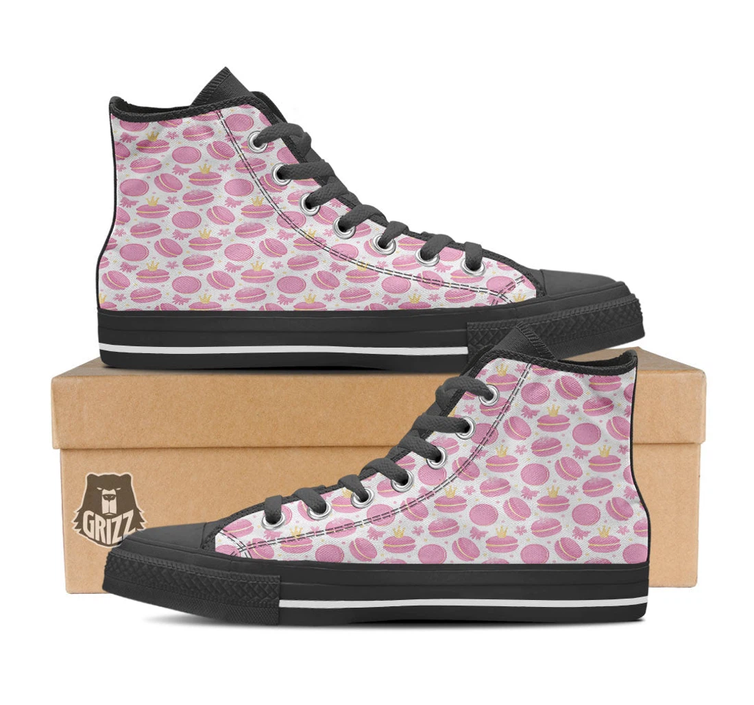Macaron Pink Print Pattern Black High Top Shoes