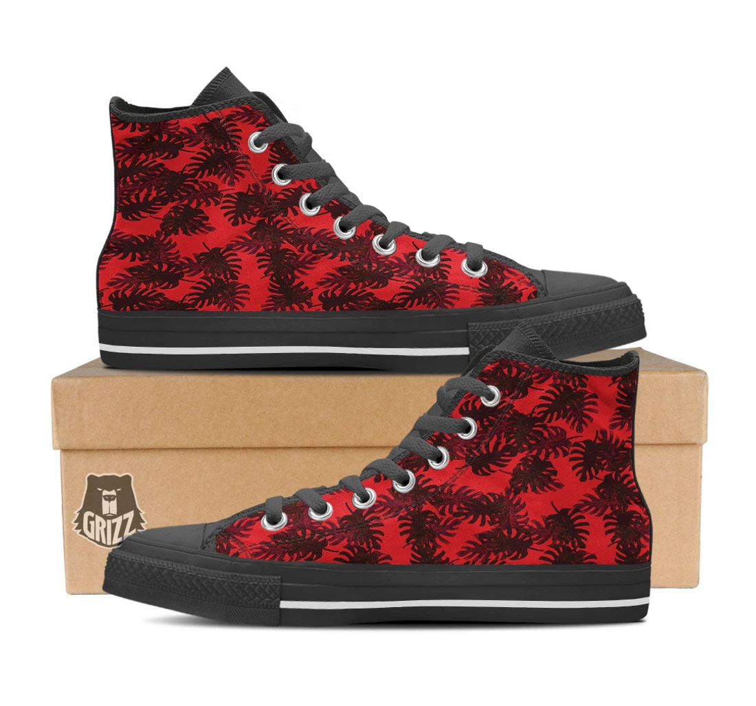 Leaf Red Print Pattern Black High Top Shoes