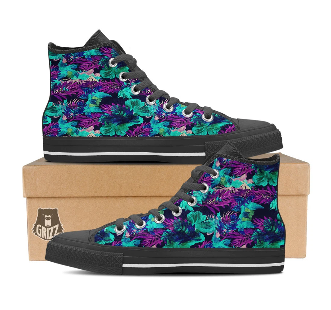Leaf Green And Purple Print Pattern Black High Top Shoes