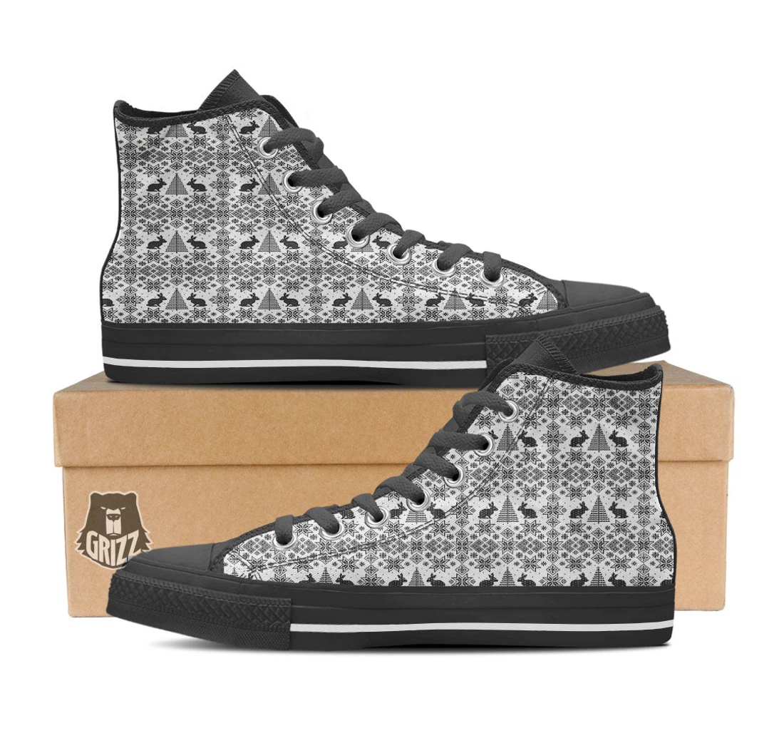 Knitted Snow Rabbit Print Pattern Black High Top Shoes