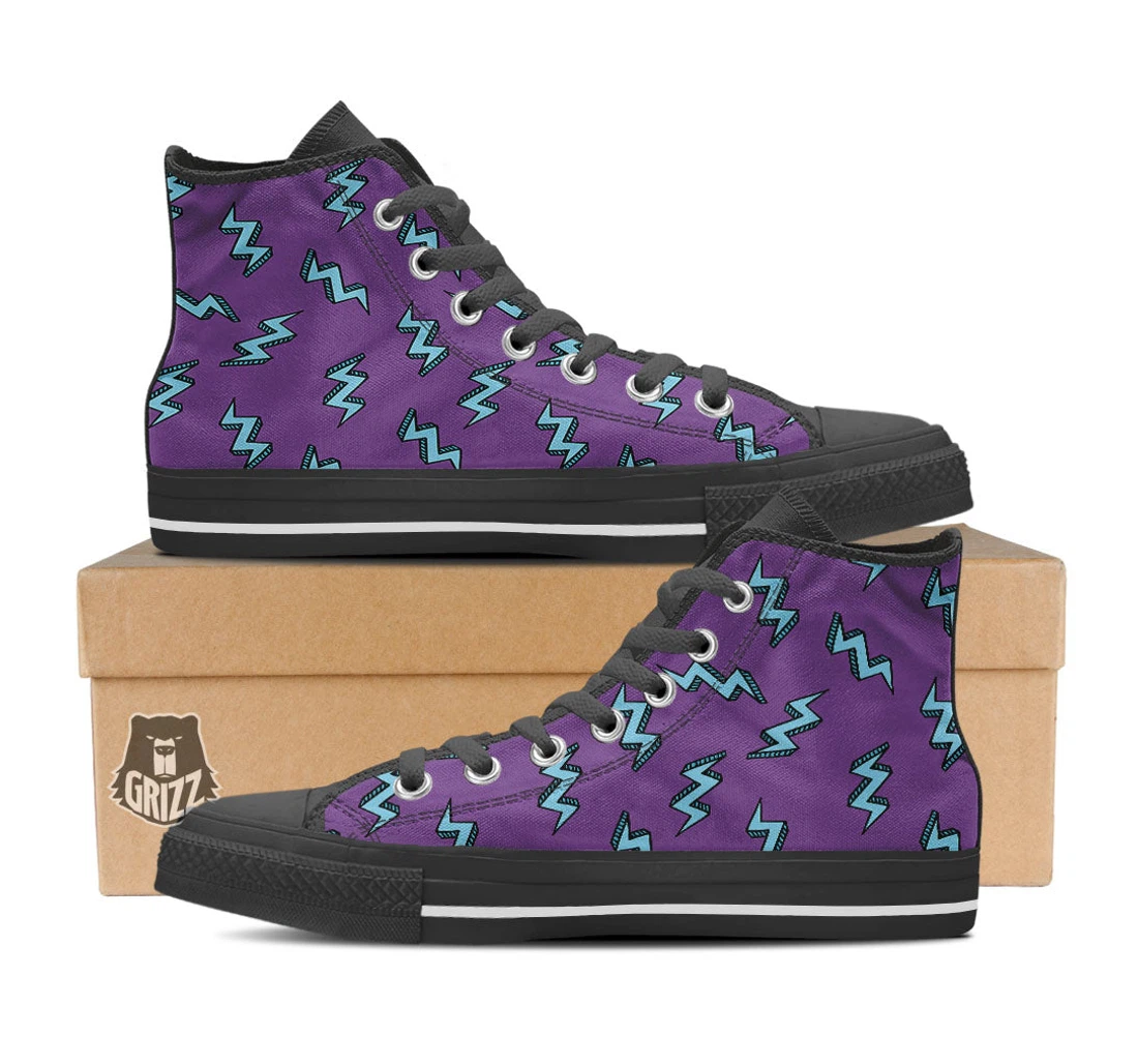 Lightning Teal And Purple Print Pattern Black High Top Shoes