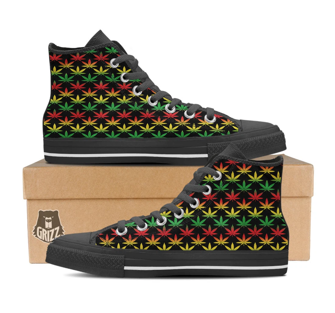 Leaf Reggae Marijuana Print Pattern Black High Top Shoes