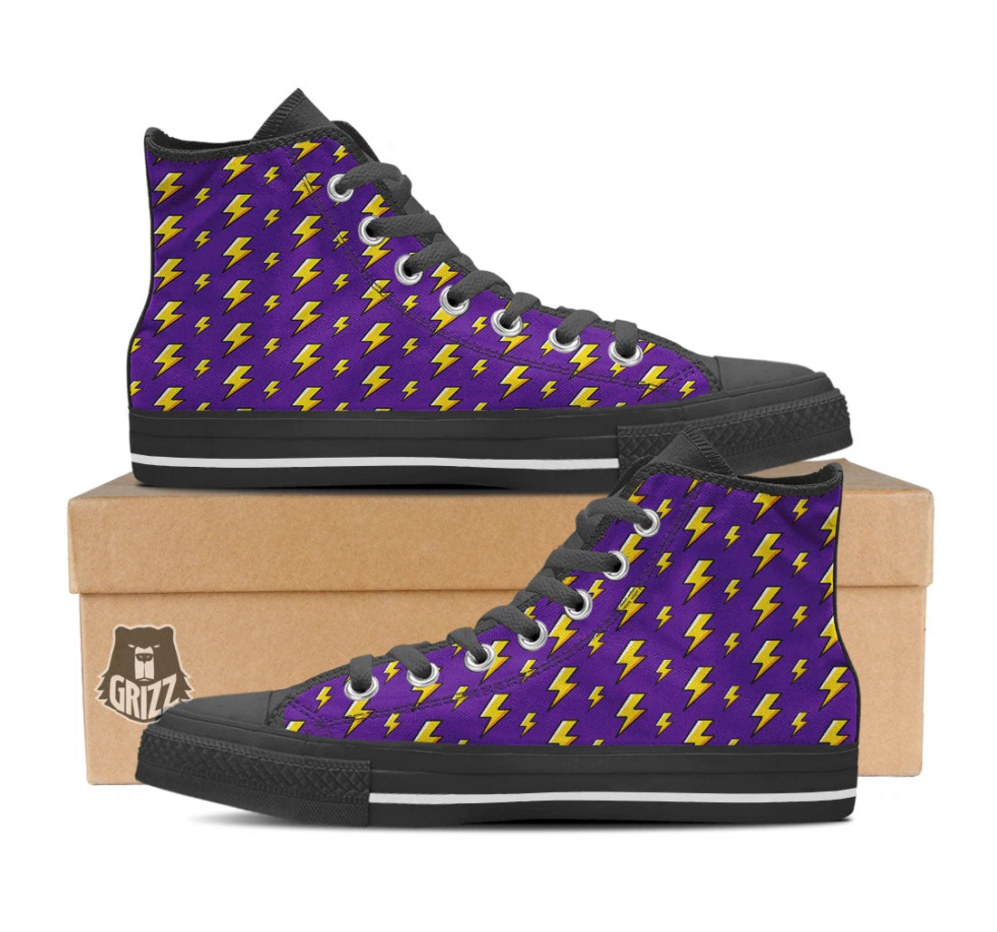 Lightning Purple Print Pattern Black High Top Shoes