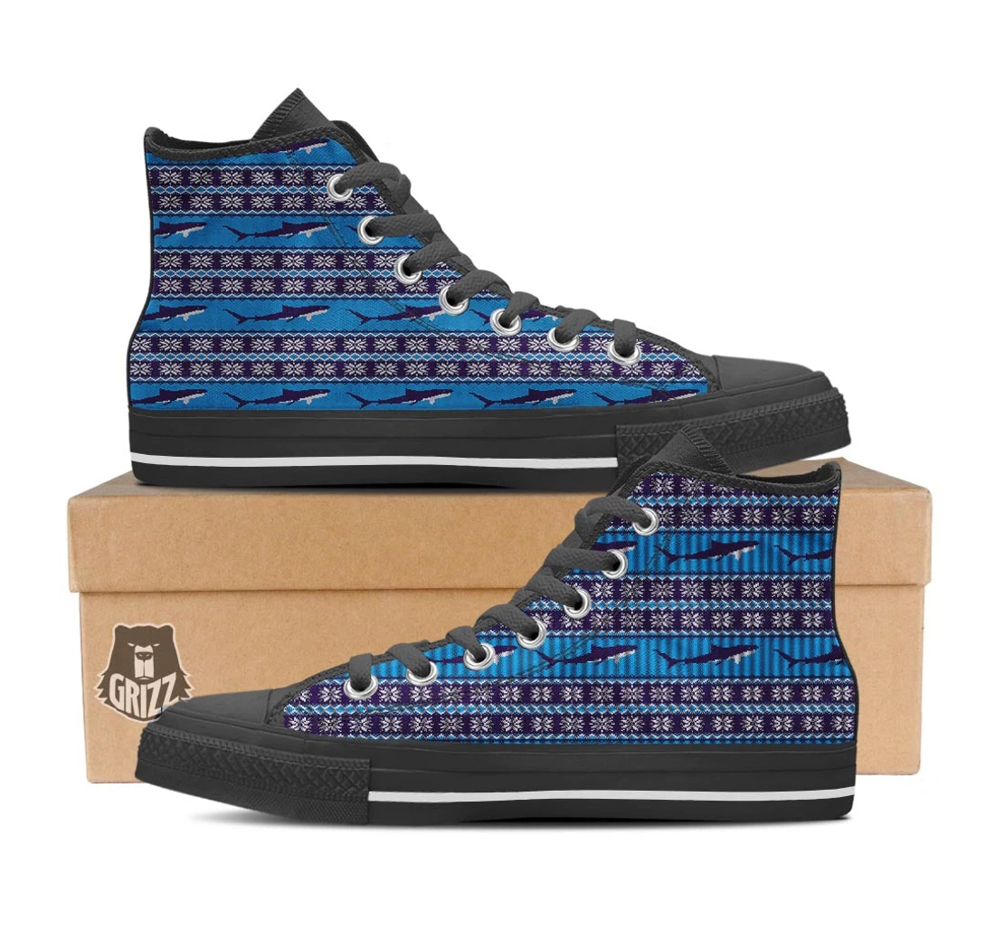 Knitted Shark Print Pattern Black High Top Shoes