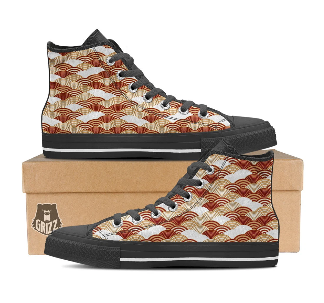 Japanese Beige And Red Print Pattern Black High Top Shoes