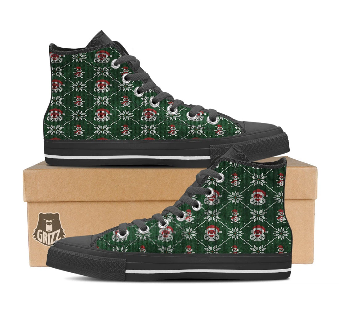 Knitted Santa Claus Print Pattern Black High Top Shoes